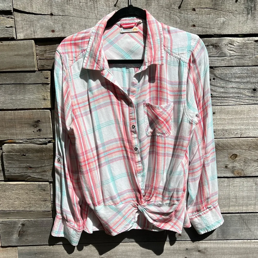 🌻C&C California Super Soft Plaid Button Roll Tab Long Sleeve Top Size Large